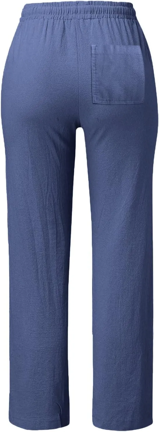 GIERIDUC Womens Casual Cotton Linen Pants Lightweight Summer Loose Fit Palazzo Elastic Waist Plus Size Solid Lounge Trousers