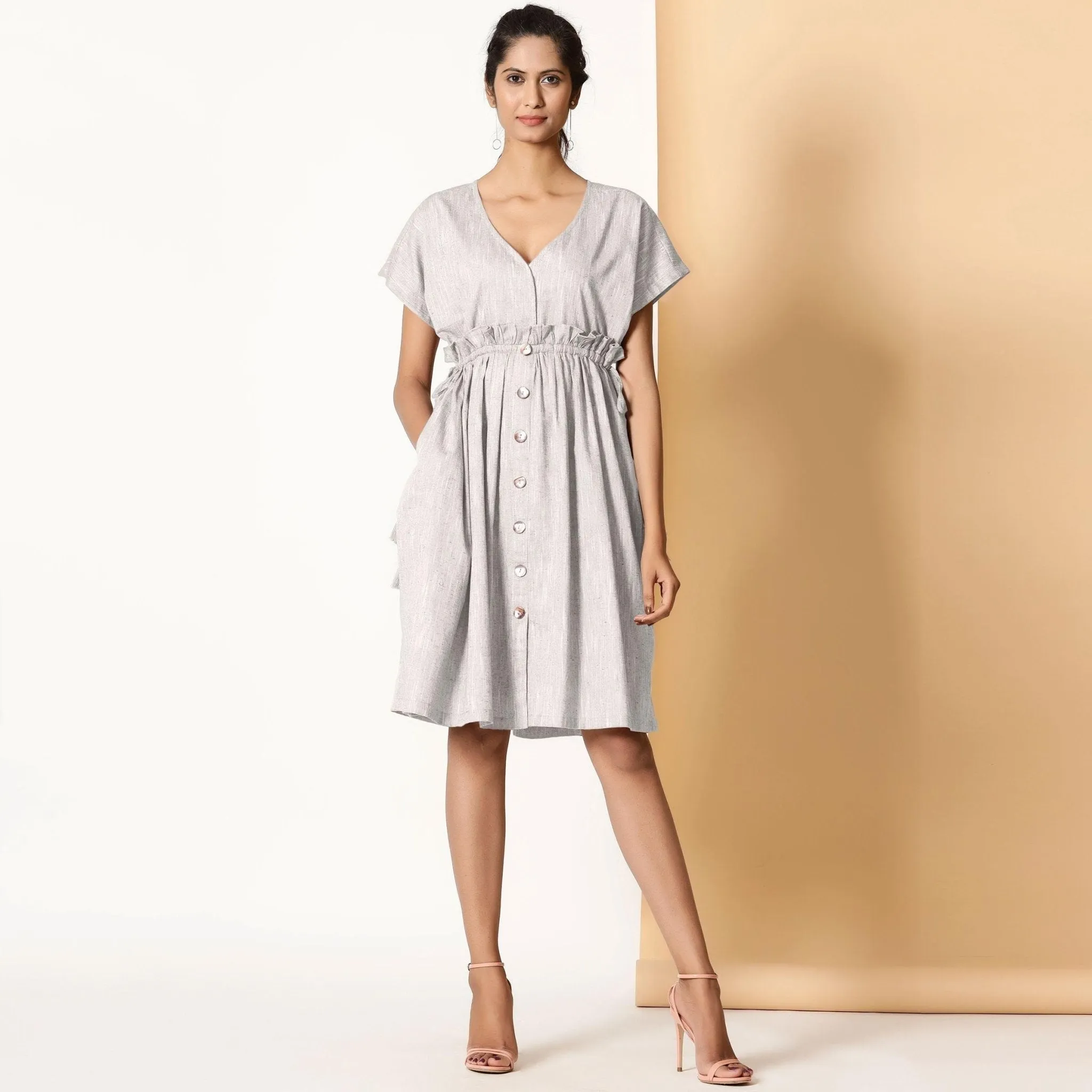 Grey Frilled Cotton Knee Length Bohemian Dress