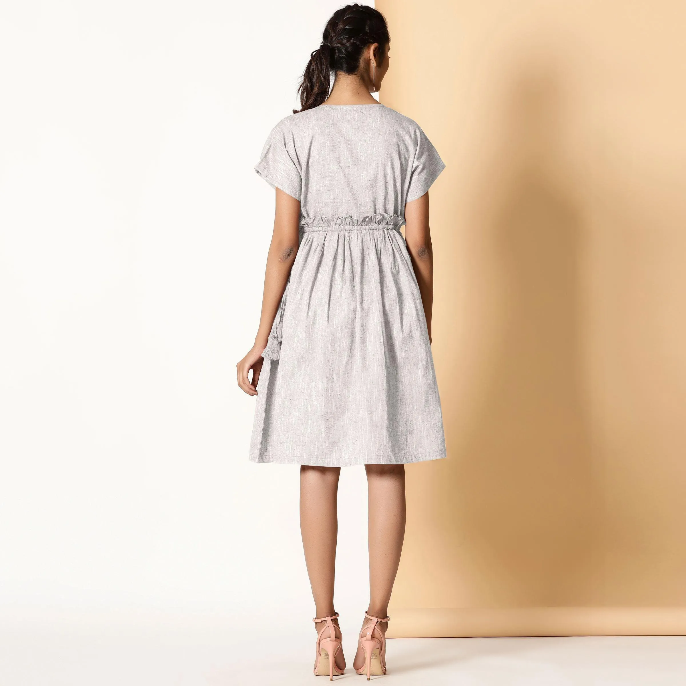 Grey Frilled Cotton Knee Length Bohemian Dress
