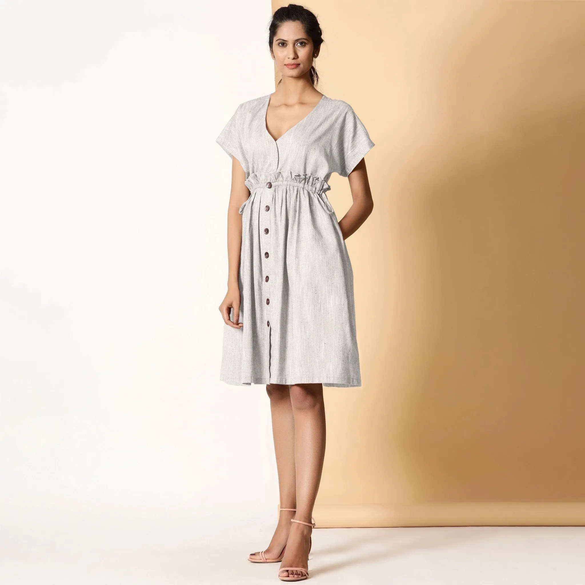 Grey Frilled Cotton Knee Length Bohemian Dress