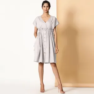 Grey Frilled Cotton Knee Length Bohemian Dress
