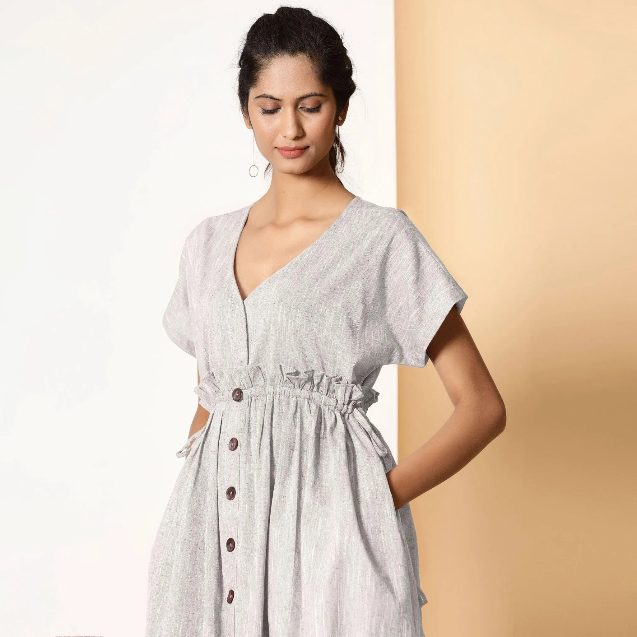 Grey Frilled Cotton Knee Length Bohemian Dress