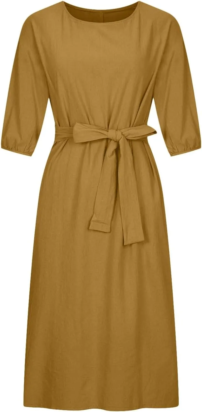 Holiday Dresses for Women 2025 Plus Size Half Sleeve Crew Neck Midi Dress Summer Tie-Belt Cotton Linen Casual Dress