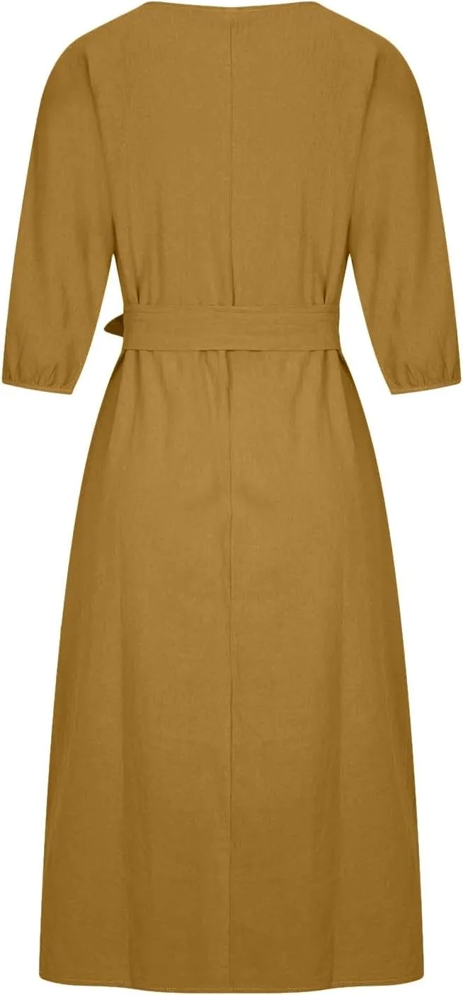 Holiday Dresses for Women 2025 Plus Size Half Sleeve Crew Neck Midi Dress Summer Tie-Belt Cotton Linen Casual Dress