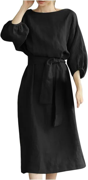 Holiday Dresses for Women 2025 Plus Size Half Sleeve Crew Neck Midi Dress Summer Tie-Belt Cotton Linen Casual Dress
