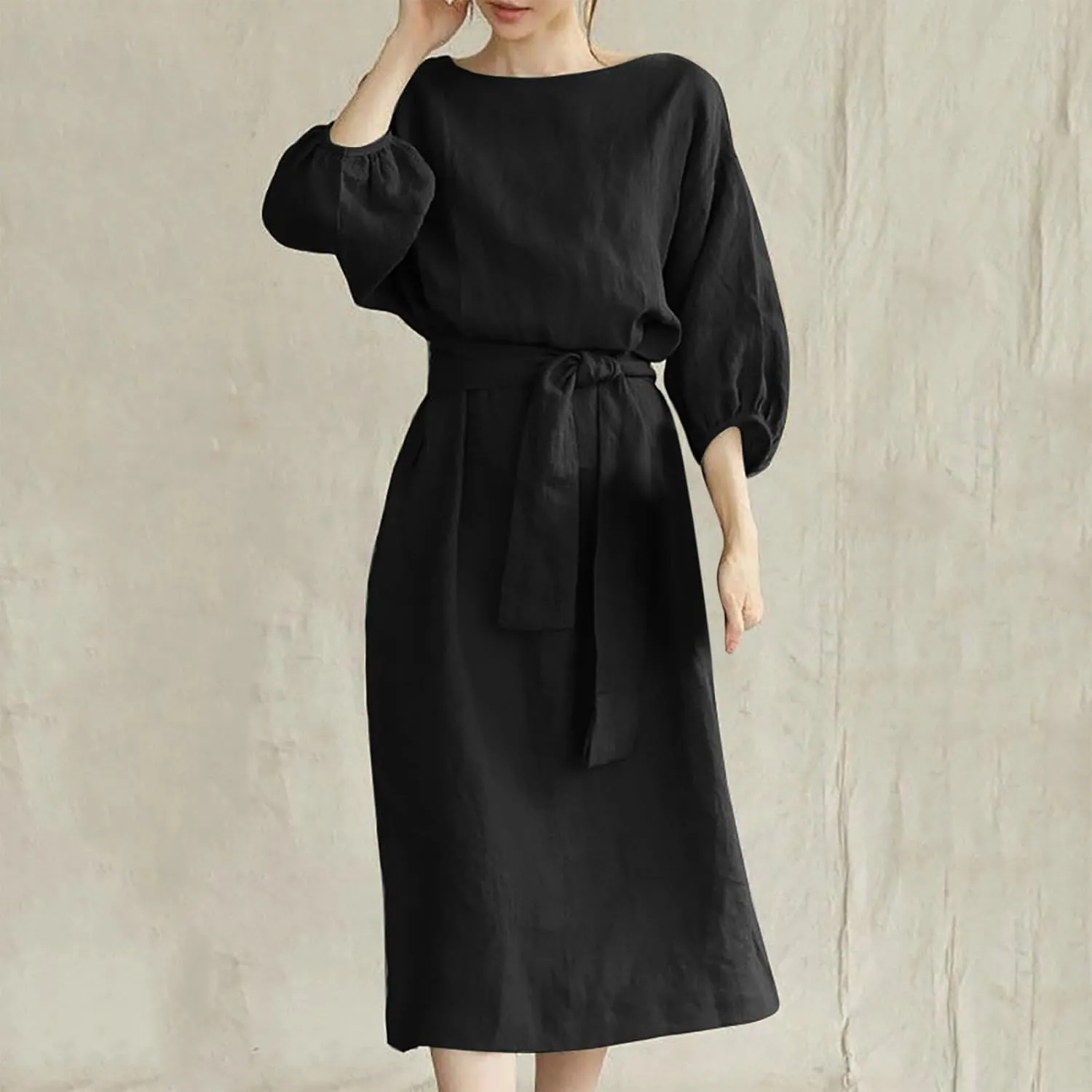 Holiday Dresses for Women 2025 Plus Size Half Sleeve Crew Neck Midi Dress Summer Tie-Belt Cotton Linen Casual Dress