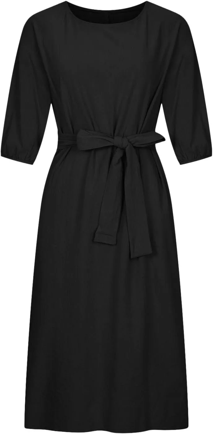 Holiday Dresses for Women 2025 Plus Size Half Sleeve Crew Neck Midi Dress Summer Tie-Belt Cotton Linen Casual Dress