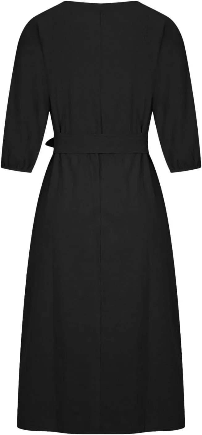 Holiday Dresses for Women 2025 Plus Size Half Sleeve Crew Neck Midi Dress Summer Tie-Belt Cotton Linen Casual Dress