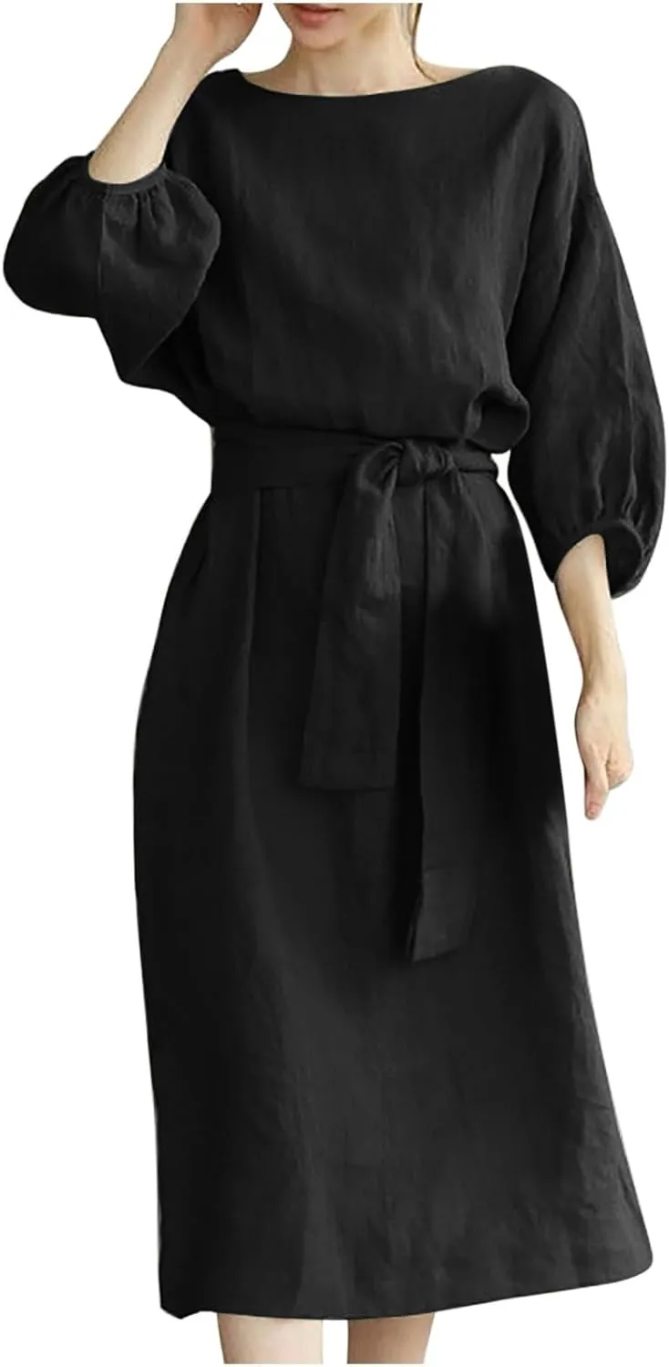 Holiday Dresses for Women 2025 Plus Size Half Sleeve Crew Neck Midi Dress Summer Tie-Belt Cotton Linen Casual Dress