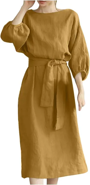 Holiday Dresses for Women 2025 Plus Size Half Sleeve Crew Neck Midi Dress Summer Tie-Belt Cotton Linen Casual Dress