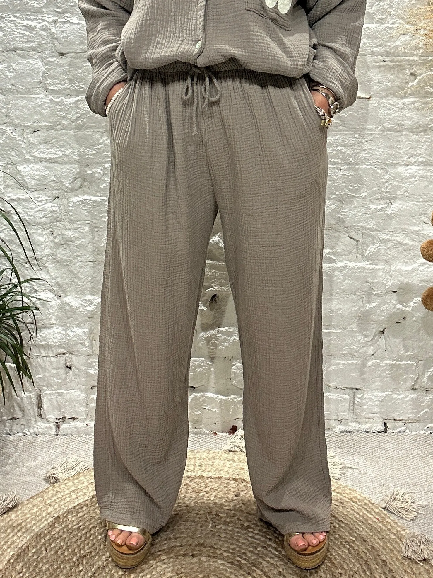 Joanna Waffle wide Leg Trousers With Elastic Waist