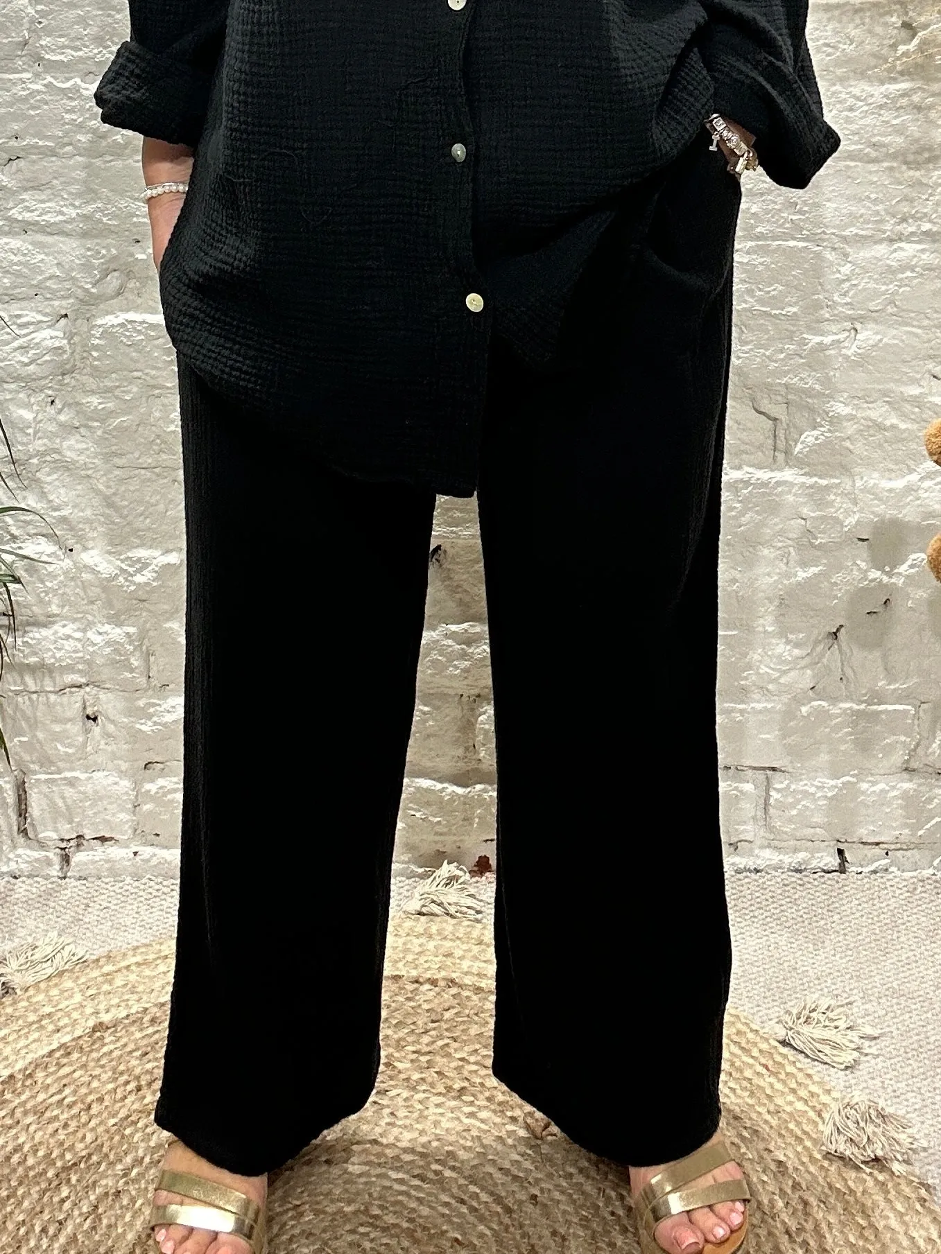 Joanna Waffle wide Leg Trousers With Elastic Waist
