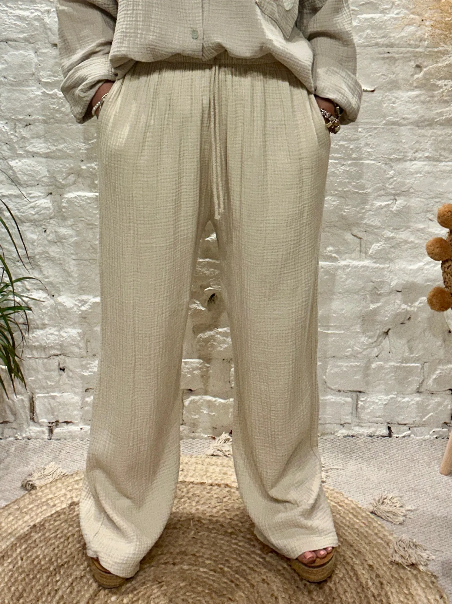Joanna Waffle wide Leg Trousers With Elastic Waist
