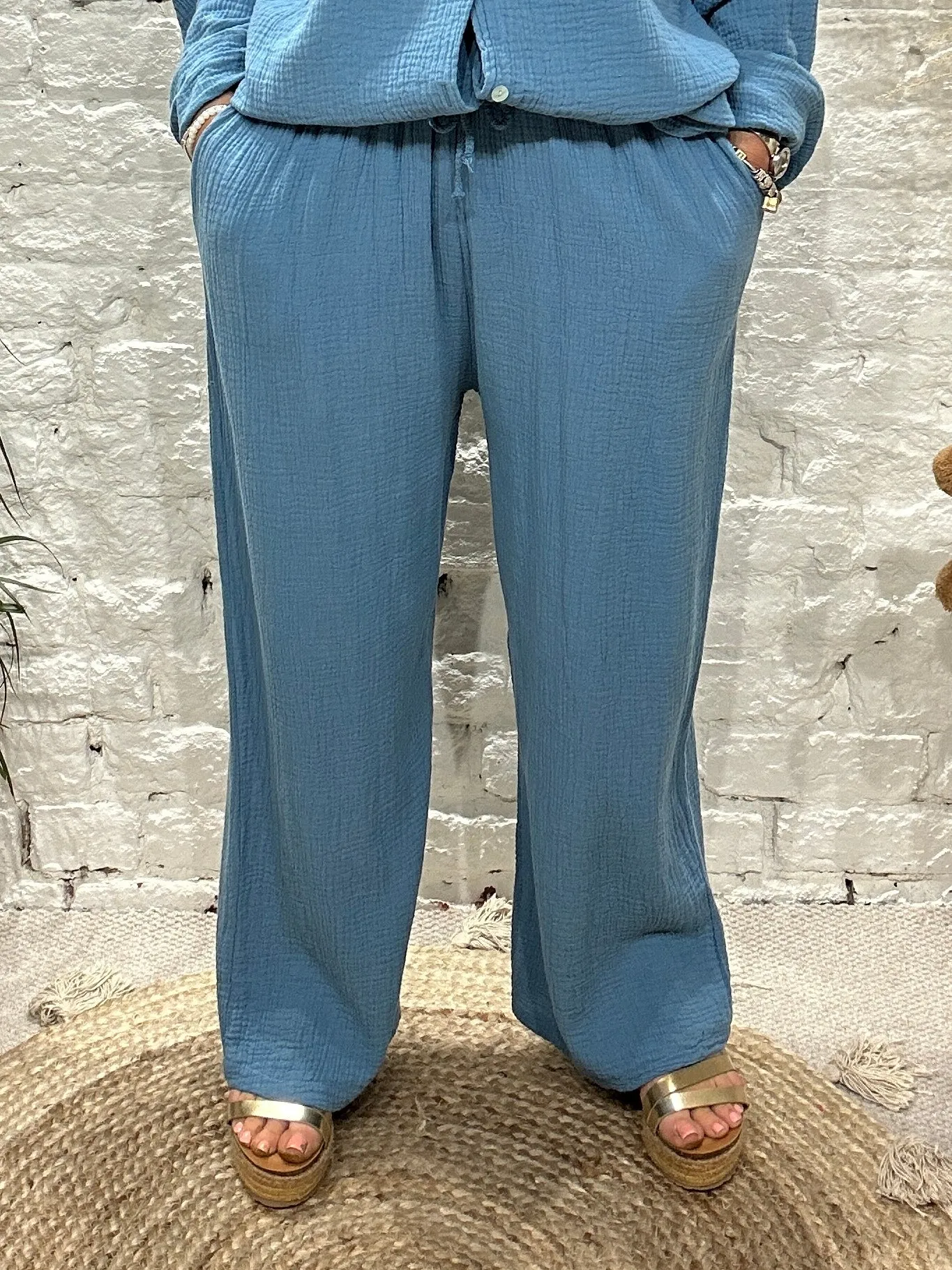 Joanna Waffle wide Leg Trousers With Elastic Waist