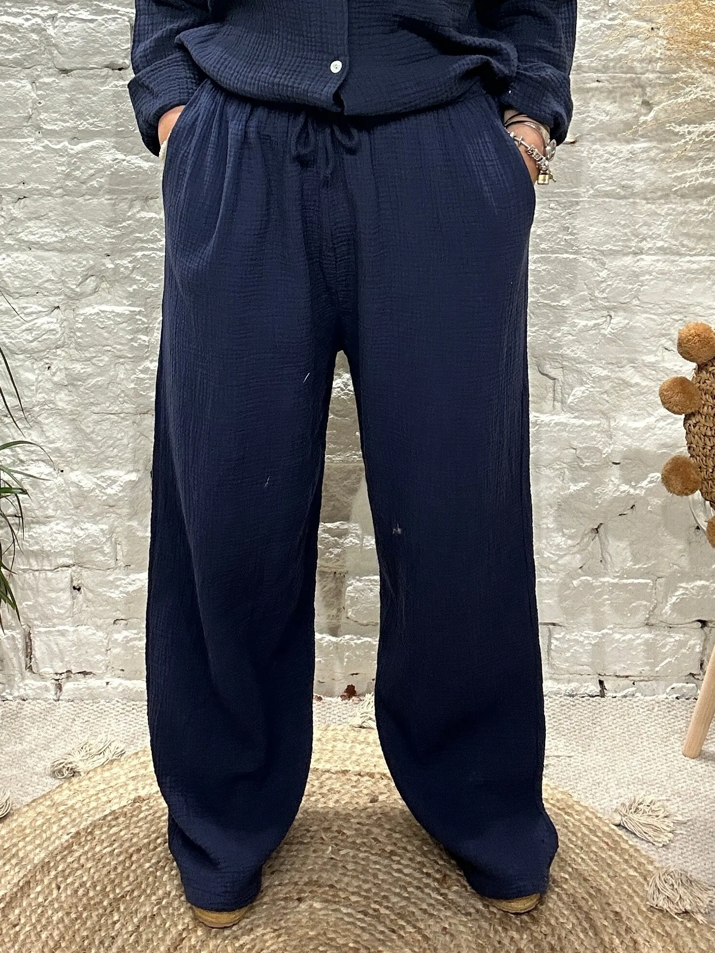 Joanna Waffle wide Leg Trousers With Elastic Waist