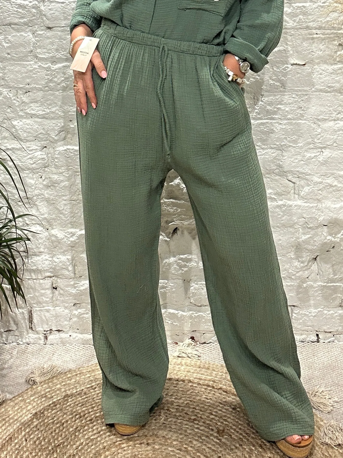 Joanna Waffle wide Leg Trousers With Elastic Waist