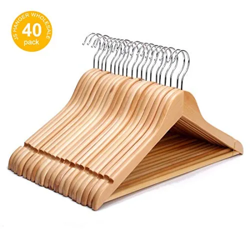 JS HANGER Solid Wooden Suit Coat Hangers with Non-Slip Bar Natural Finish, Set of 40