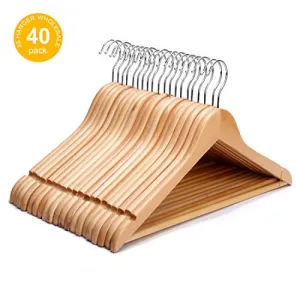 JS HANGER Solid Wooden Suit Coat Hangers with Non-Slip Bar Natural Finish, Set of 40
