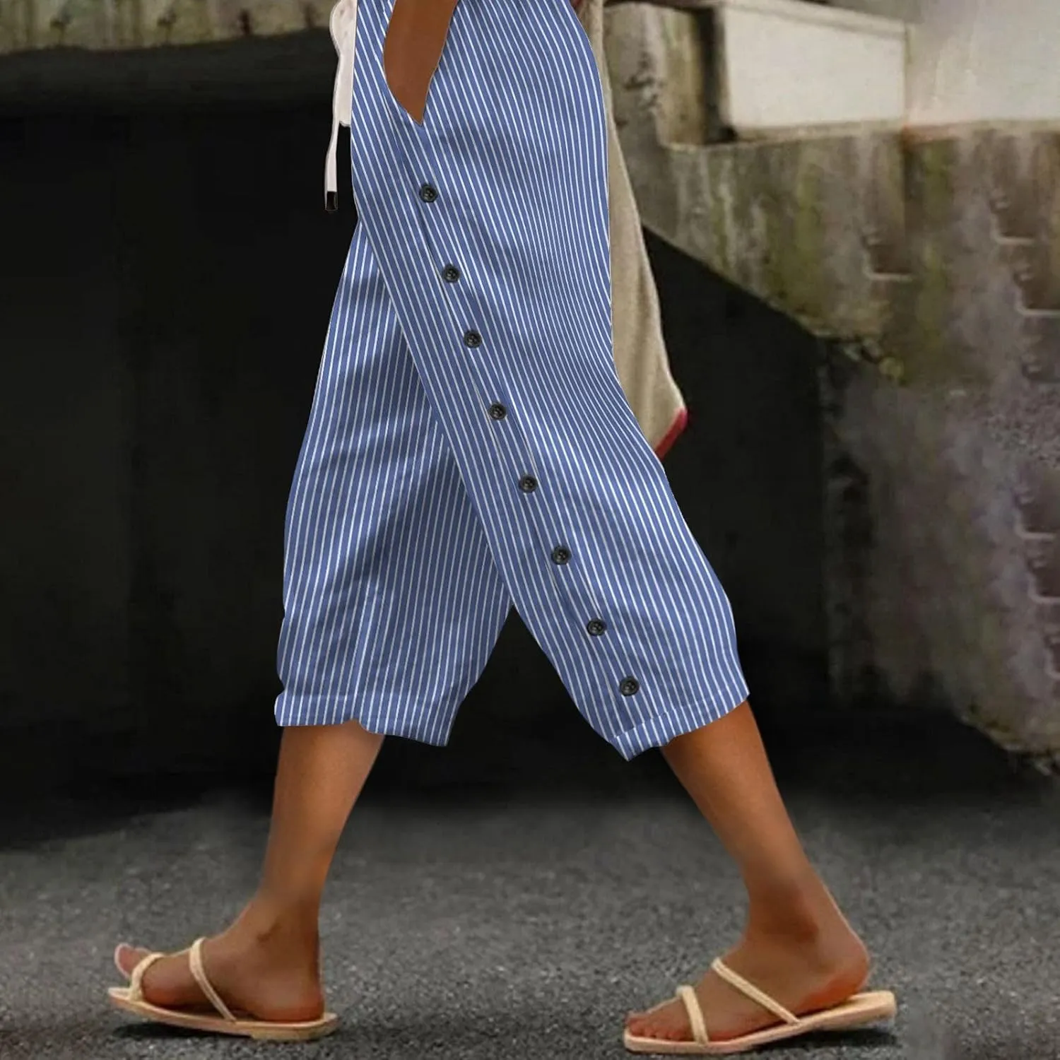 Linen Pants Women 2025 Striped Capri Pant Lightweight Spring Summer Fashion Clothes Ladies Pinstripe Cropped Trousers