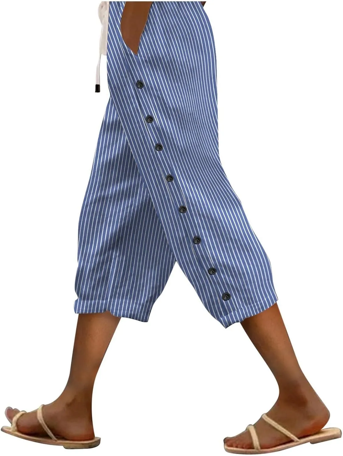 Linen Pants Women 2025 Striped Capri Pant Lightweight Spring Summer Fashion Clothes Ladies Pinstripe Cropped Trousers