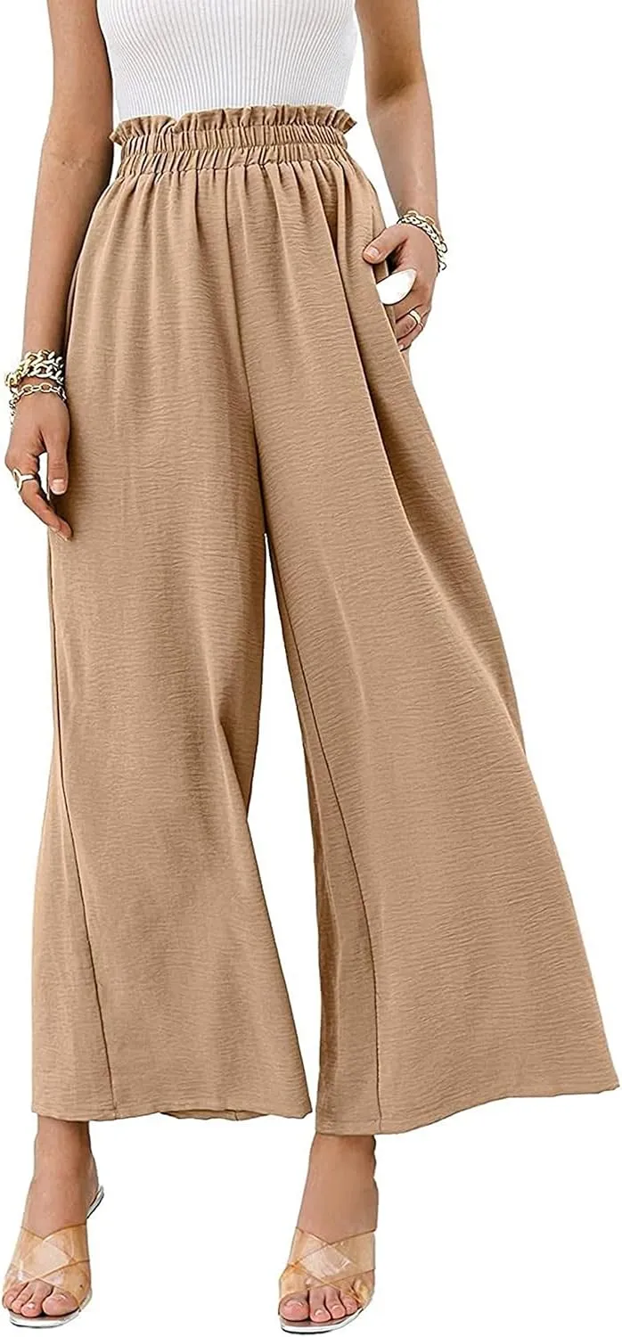 Linen Pants Women Boho High Waisted Palazzo Pants Flowy Trousers with Pockets Summer Beach Wide Leg Flowy Pant 2025