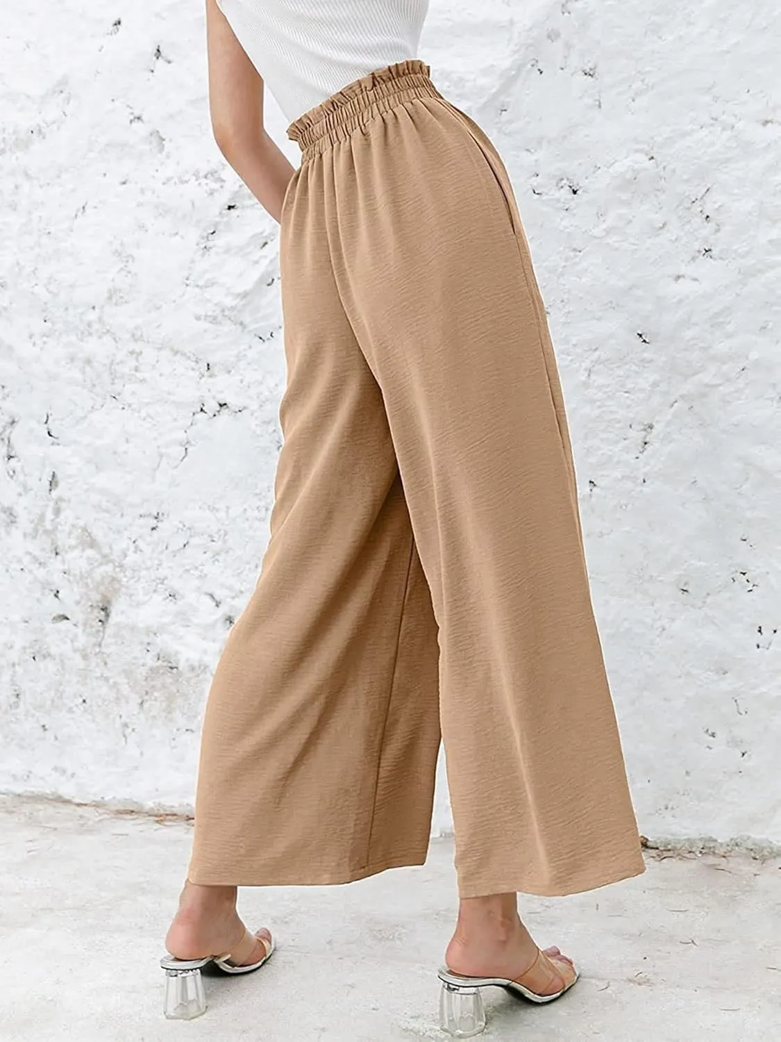 Linen Pants Women Boho High Waisted Palazzo Pants Flowy Trousers with Pockets Summer Beach Wide Leg Flowy Pant 2025
