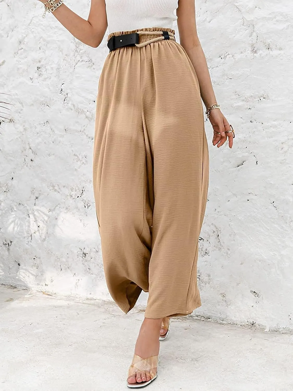 Linen Pants Women Boho High Waisted Palazzo Pants Flowy Trousers with Pockets Summer Beach Wide Leg Flowy Pant 2025