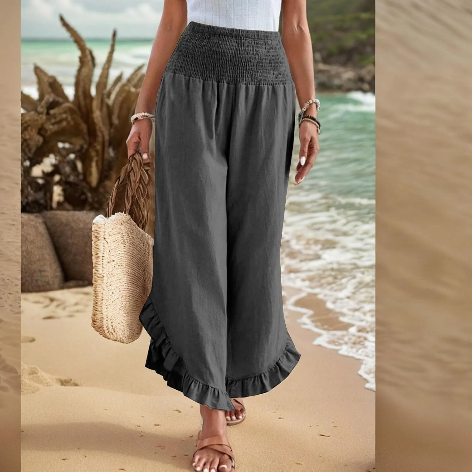 Linen Pants Women Summer Wide Leg Pants Casual Solid Color Elastic Smocked Waist Ruffle Hem Pant Boho Flowy Beach Pant
