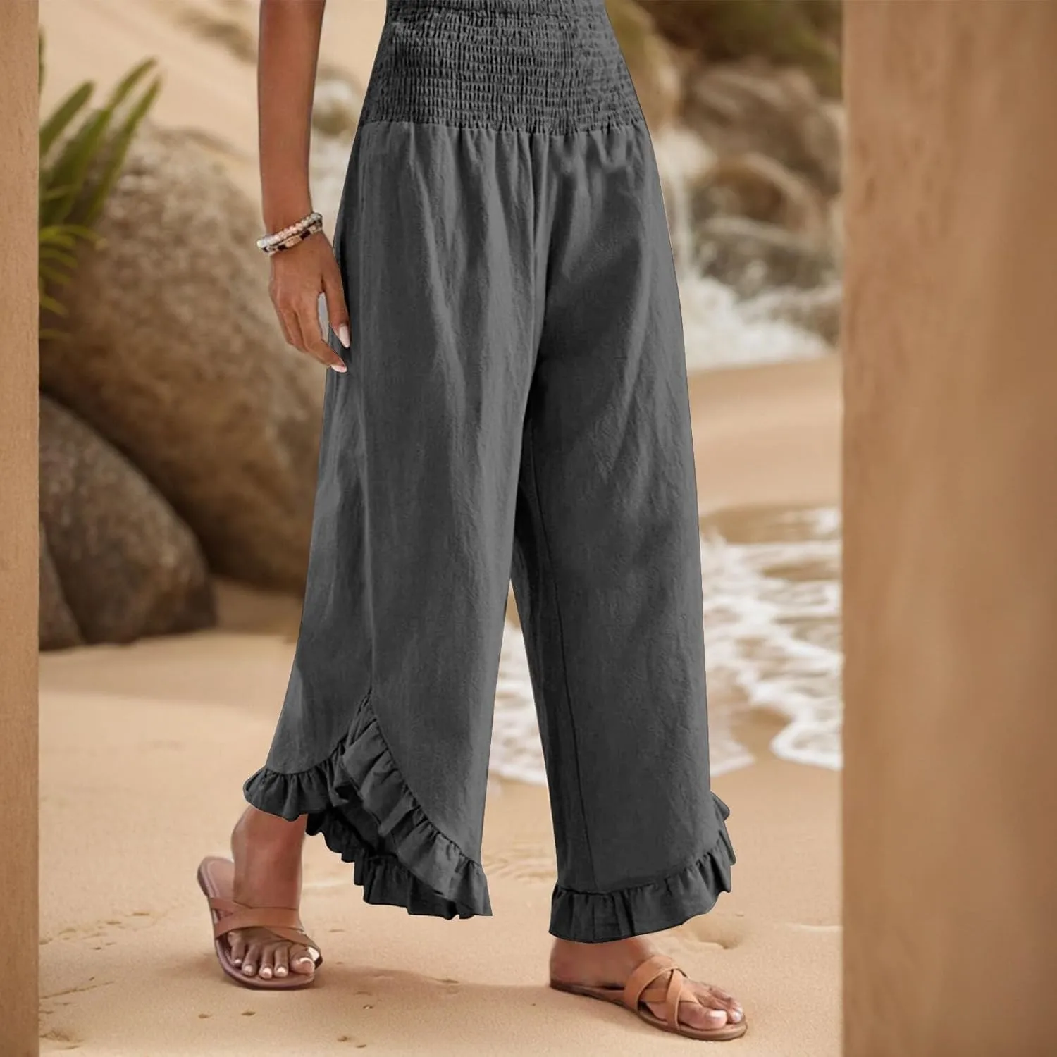 Linen Pants Women Summer Wide Leg Pants Casual Solid Color Elastic Smocked Waist Ruffle Hem Pant Boho Flowy Beach Pant