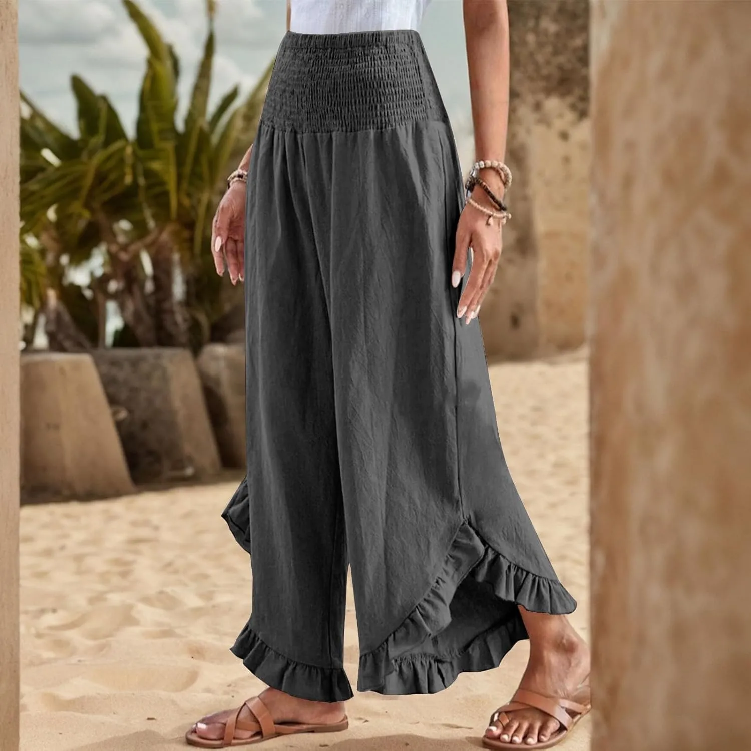 Linen Pants Women Summer Wide Leg Pants Casual Solid Color Elastic Smocked Waist Ruffle Hem Pant Boho Flowy Beach Pant