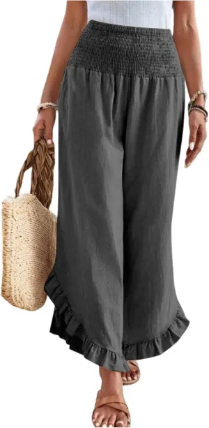 Linen Pants Women Summer Wide Leg Pants Casual Solid Color Elastic Smocked Waist Ruffle Hem Pant Boho Flowy Beach Pant