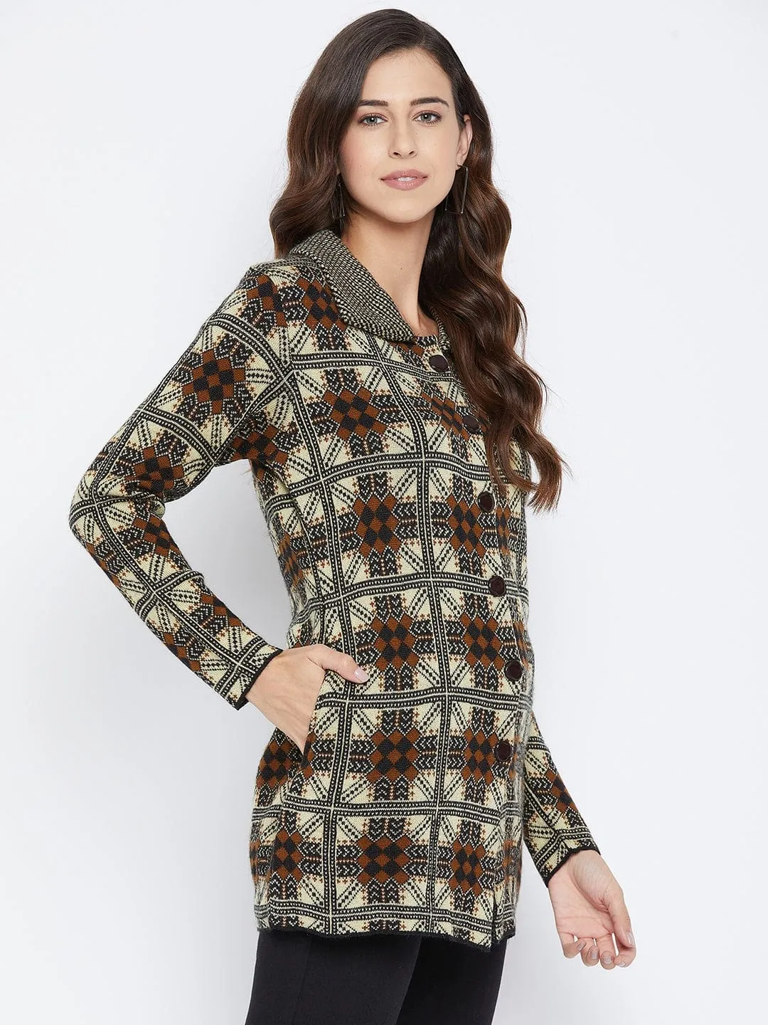 Livfree Women's Collar neck Full-Sleeves Jaquard Cardigan - Beige