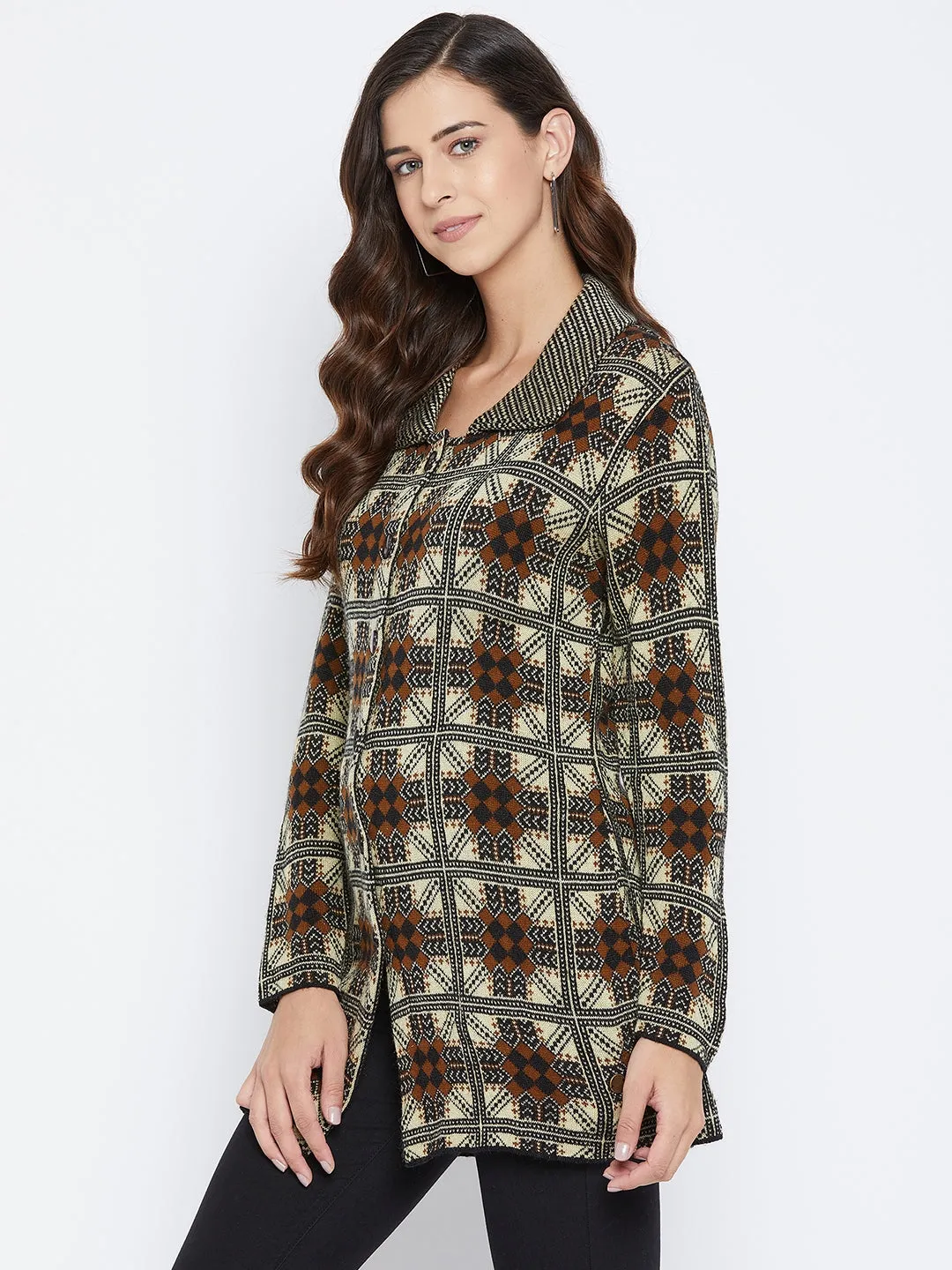 Livfree Women's Collar neck Full-Sleeves Jaquard Cardigan - Beige