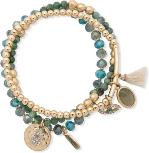Lonna & Lilly Gold Beaded Multi Row Stretch Bracelet Featuring Assorted Charms Including Hamsa Hand and Evil Eye