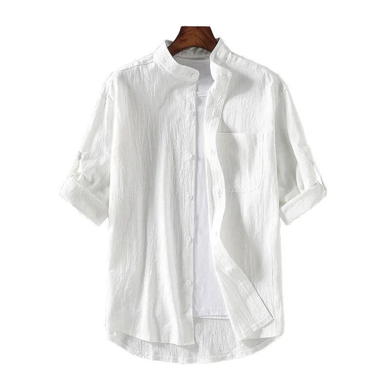 Men Japanese Summer Line Half Sleeved Shirt Trendy Three-Quarter Length Sleeves Plus Size Korean Men Shirt