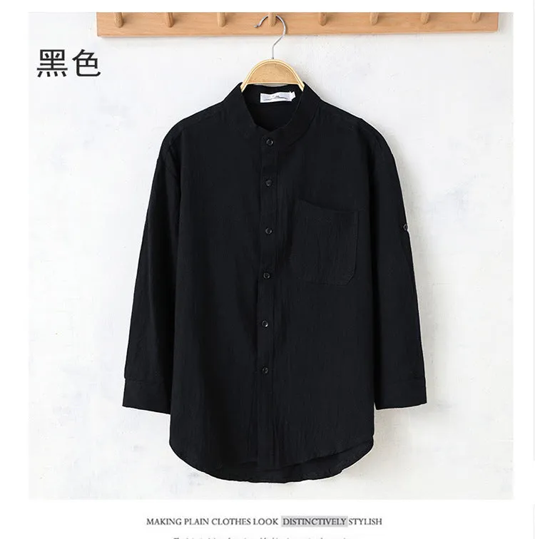 Men Japanese Summer Line Half Sleeved Shirt Trendy Three-Quarter Length Sleeves Plus Size Korean Men Shirt