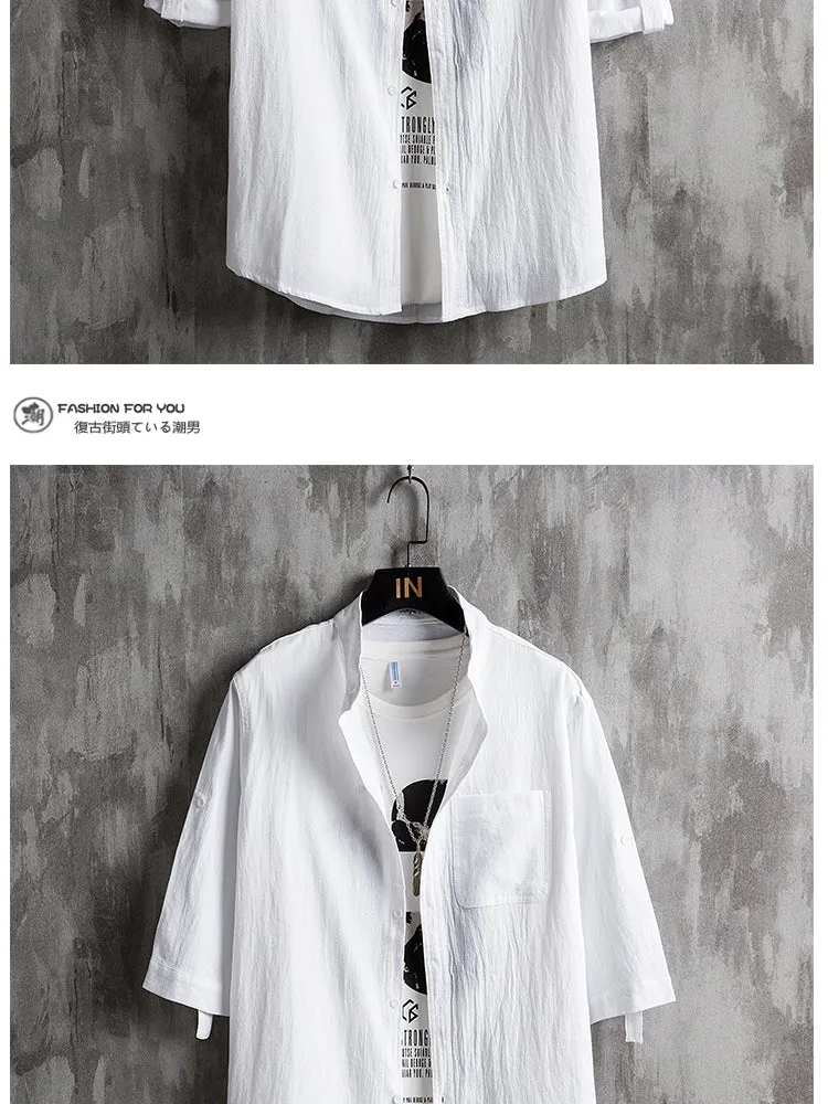 Men Japanese Summer Line Half Sleeved Shirt Trendy Three-Quarter Length Sleeves Plus Size Korean Men Shirt