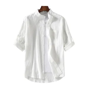 Men Japanese Summer Line Half Sleeved Shirt Trendy Three-Quarter Length Sleeves Plus Size Korean Men Shirt