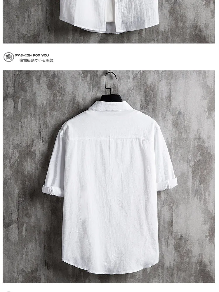 Men Japanese Summer Line Half Sleeved Shirt Trendy Three-Quarter Length Sleeves Plus Size Korean Men Shirt