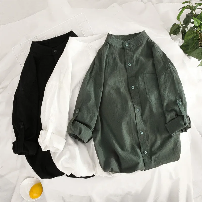 Men Japanese Summer Line Half Sleeved Shirt Trendy Three-Quarter Length Sleeves Plus Size Korean Men Shirt