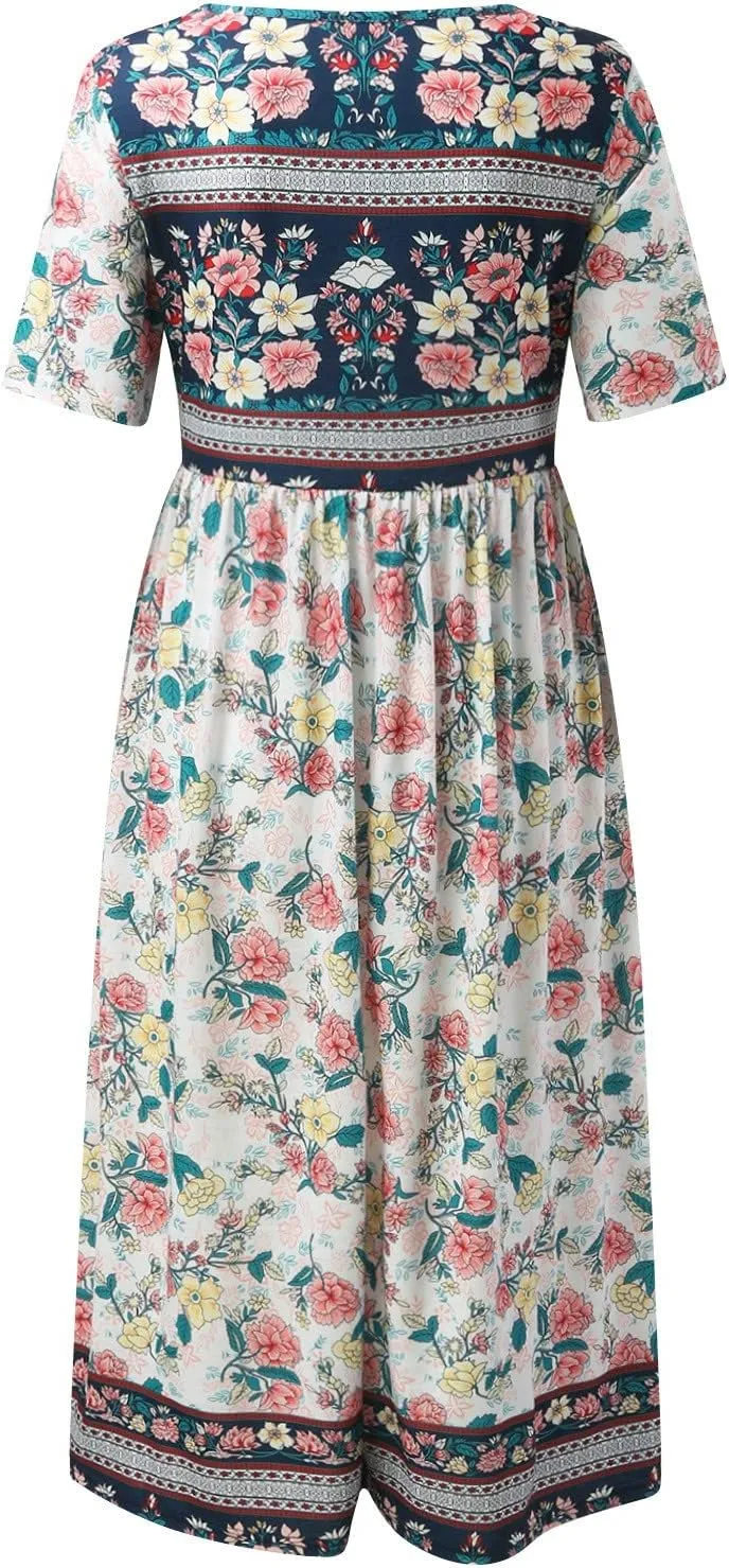 Midi Dresses for Women 2024 Floral Print High Waist Boho Dresses with Pockets Half Sleeve Loose Flowy Summer Dresses