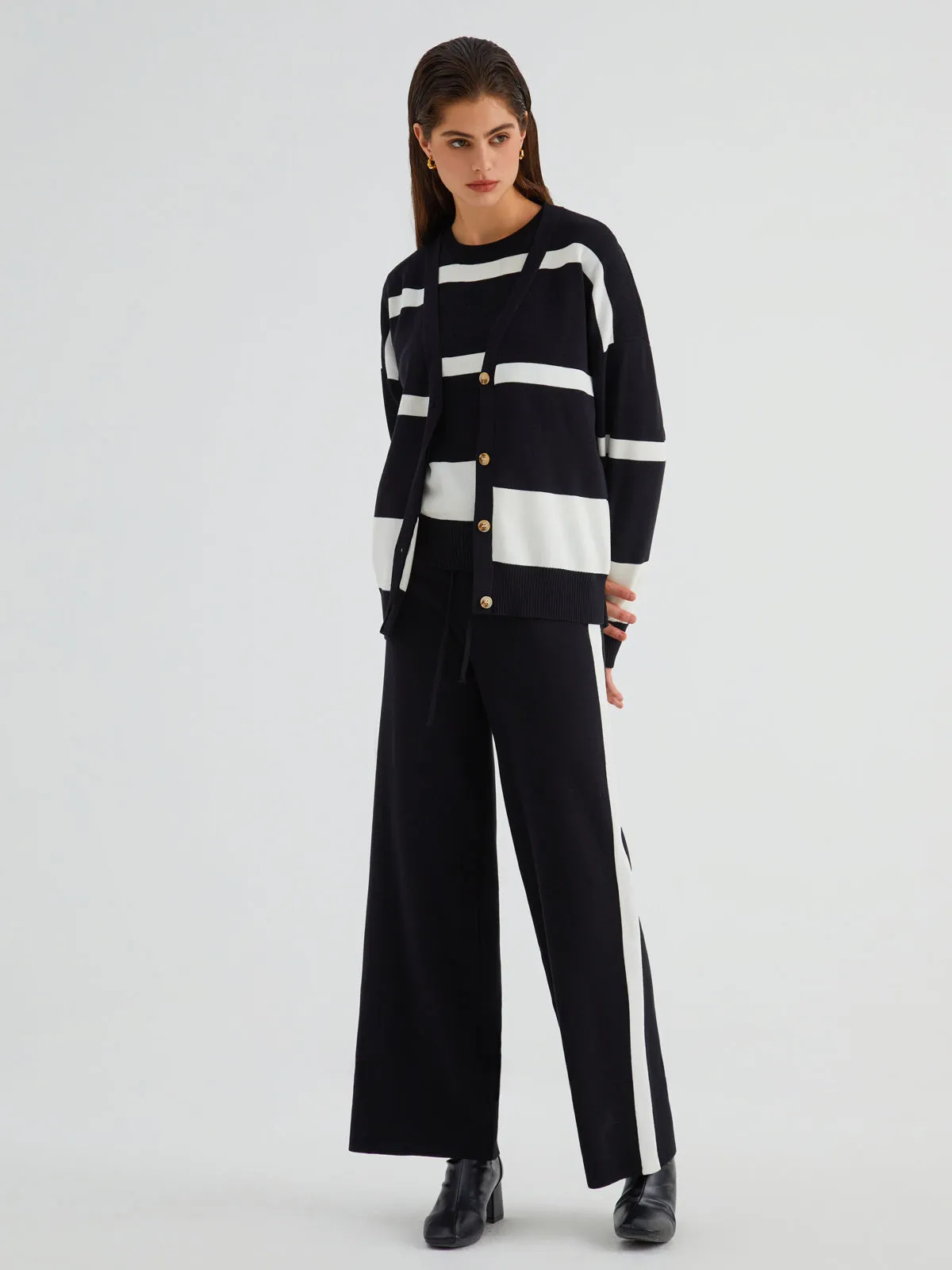 Minimalism Stripe Sweater Trendy Three Piece Pants Set