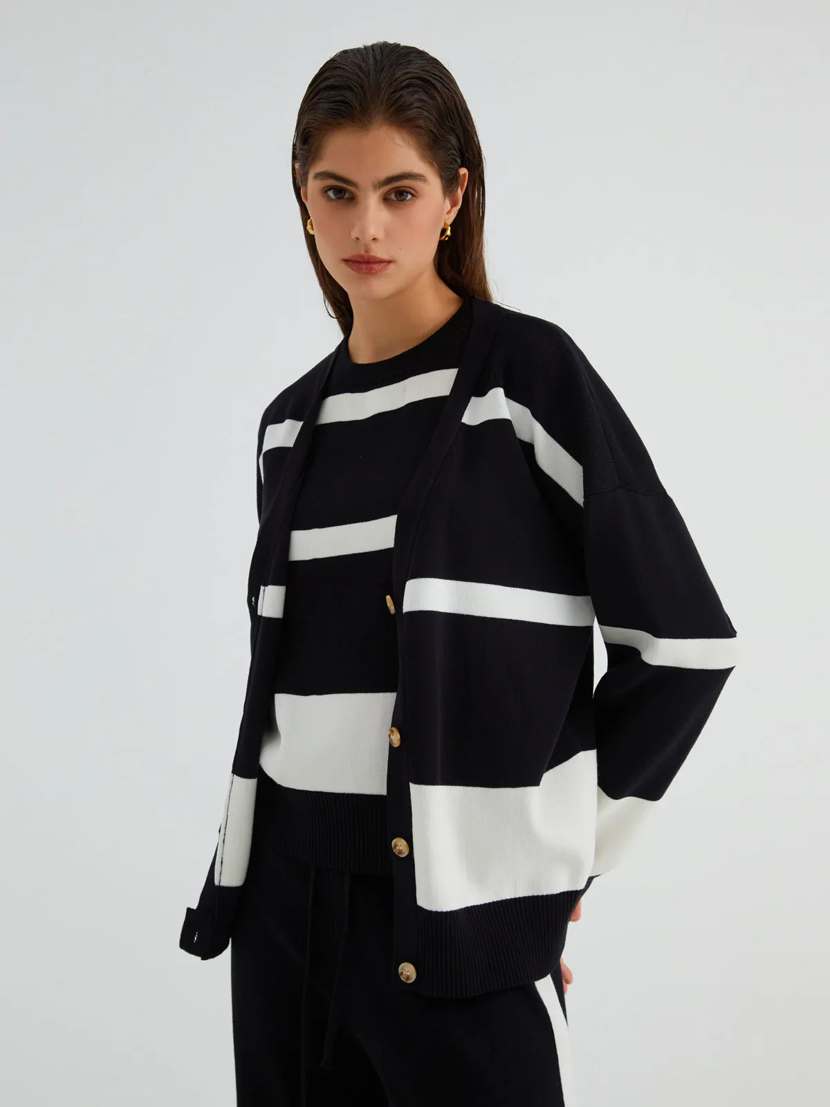 Minimalism Stripe Sweater Trendy Three Piece Pants Set