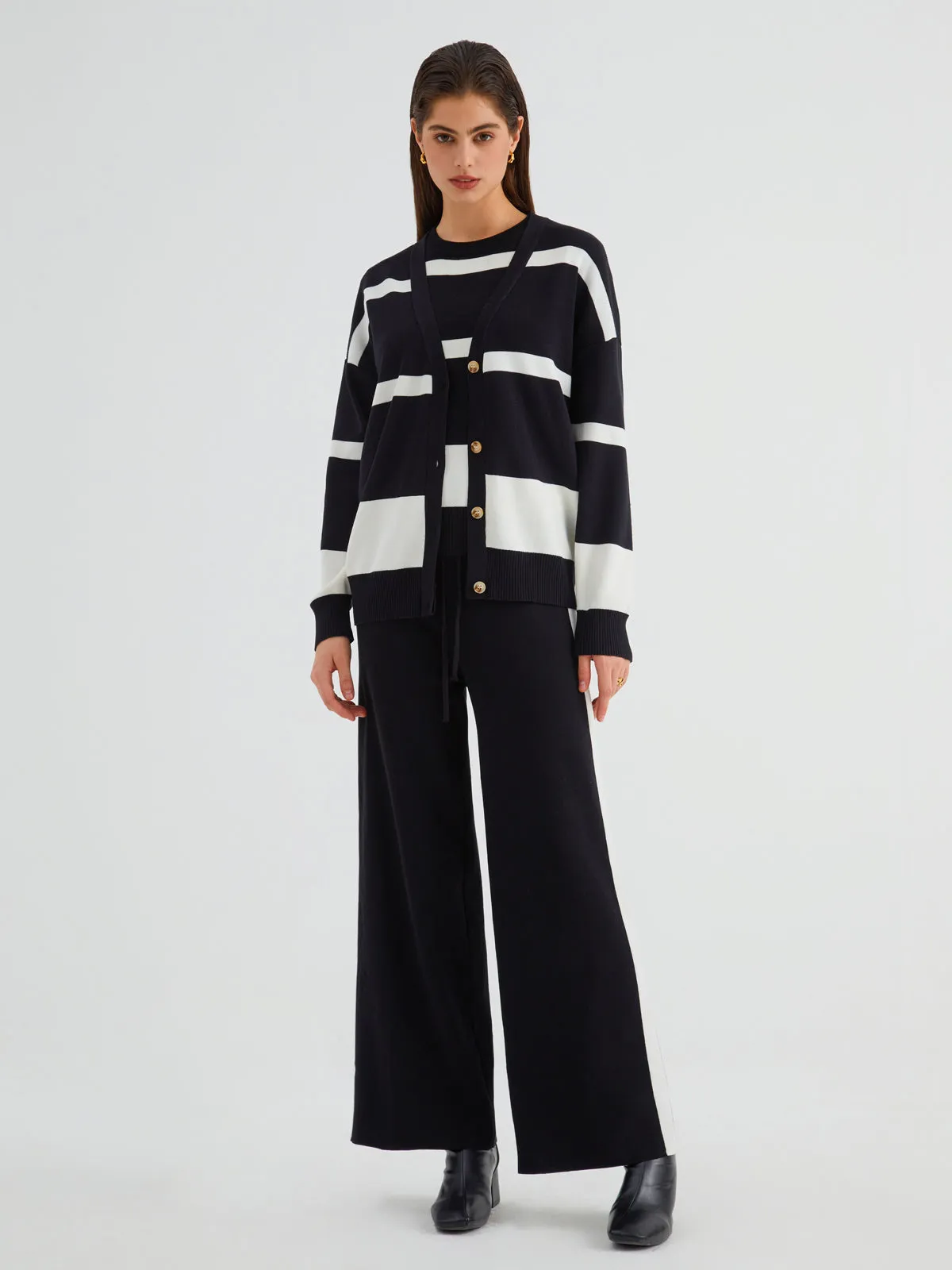 Minimalism Stripe Sweater Trendy Three Piece Pants Set