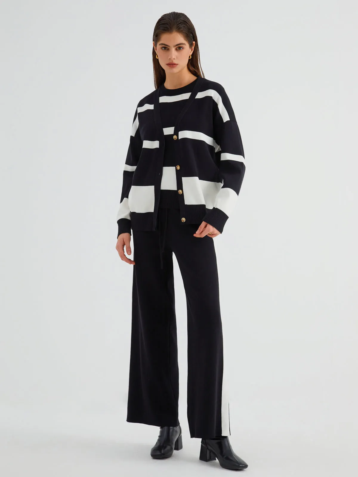 Minimalism Stripe Sweater Trendy Three Piece Pants Set