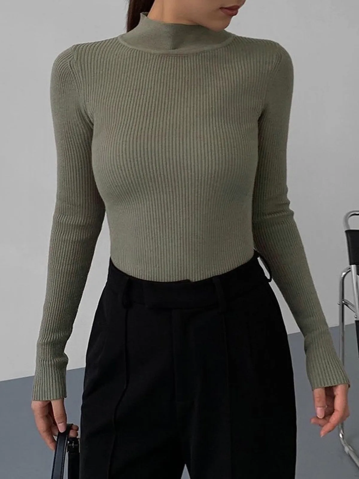 Mock Neck Rib Trendy Long Sleeve Knit Top