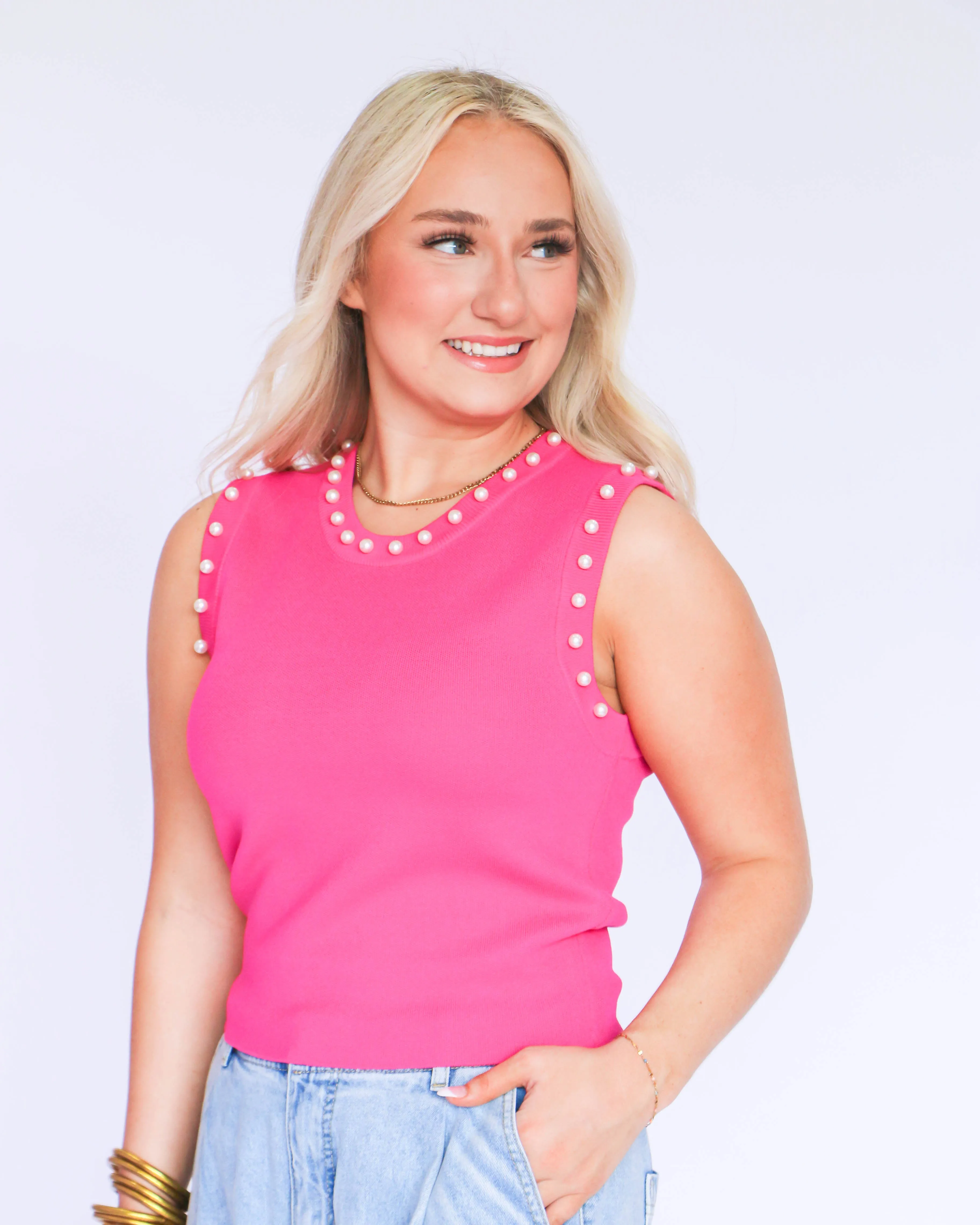 Pink Round Neck Pearl Top