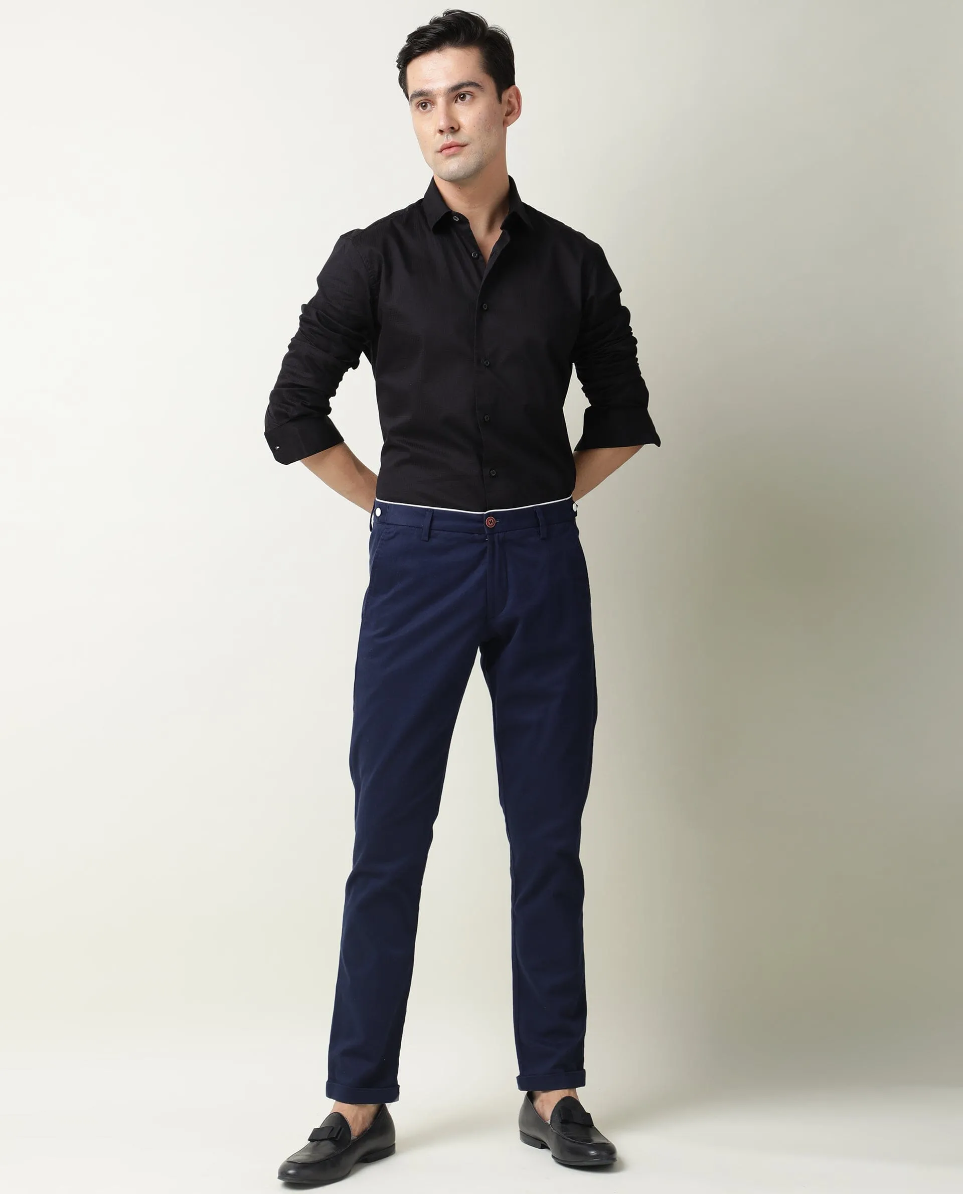 Rare Rabbit Men's Trews-22 Dark Blue Solid Mid-Rise Regular Fit Trouser