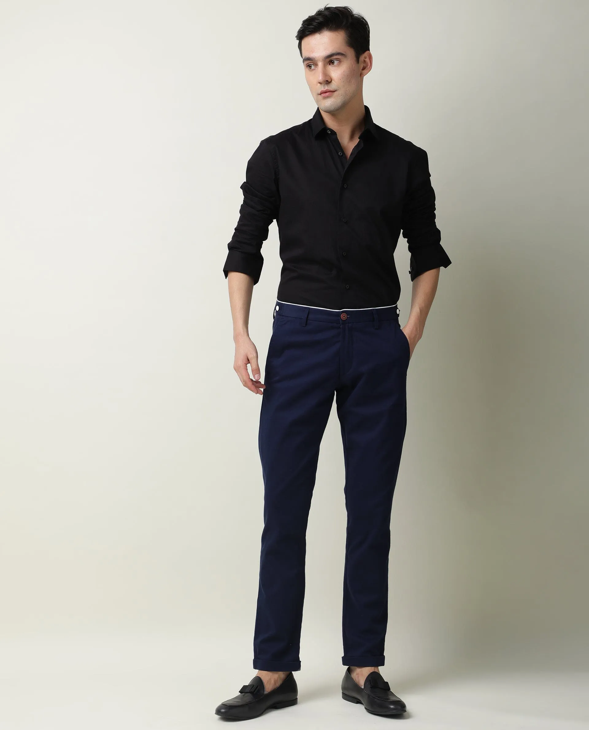 Rare Rabbit Men's Trews-22 Dark Blue Solid Mid-Rise Regular Fit Trouser