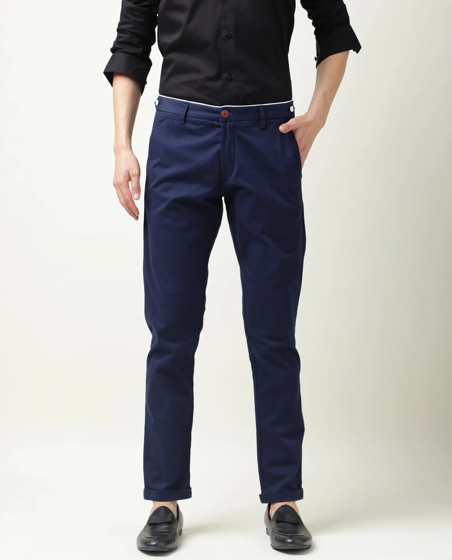 Rare Rabbit Men's Trews-22 Dark Blue Solid Mid-Rise Regular Fit Trouser